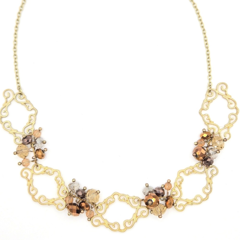 Gold Tone Filigree Cluster Glass Beaded Statement Necklace Delicate Fairy - Picture 2 of 4